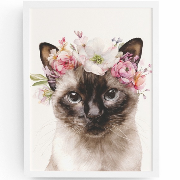 Creative Path Studios Other - Watercolor Siamese Cat with Flower Crown Wall Art Print Unframed